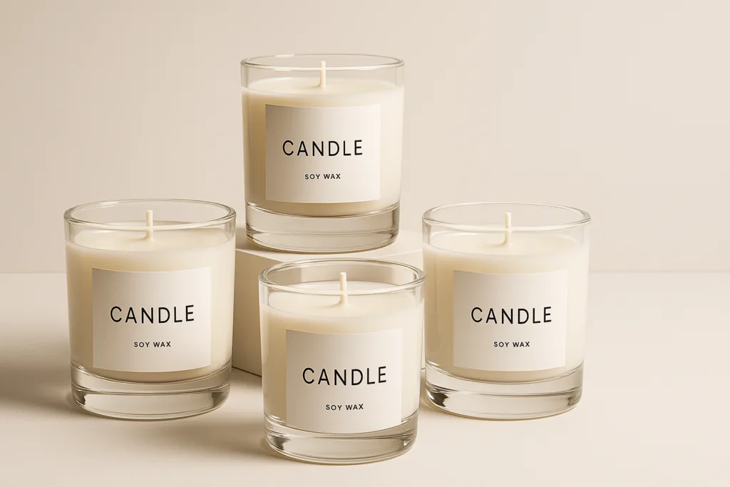 The Branding Psychology Behind Successful Luxury Candle Brands 4 Minimalist luxury candle designs arranged symmetrically in a studio setting.