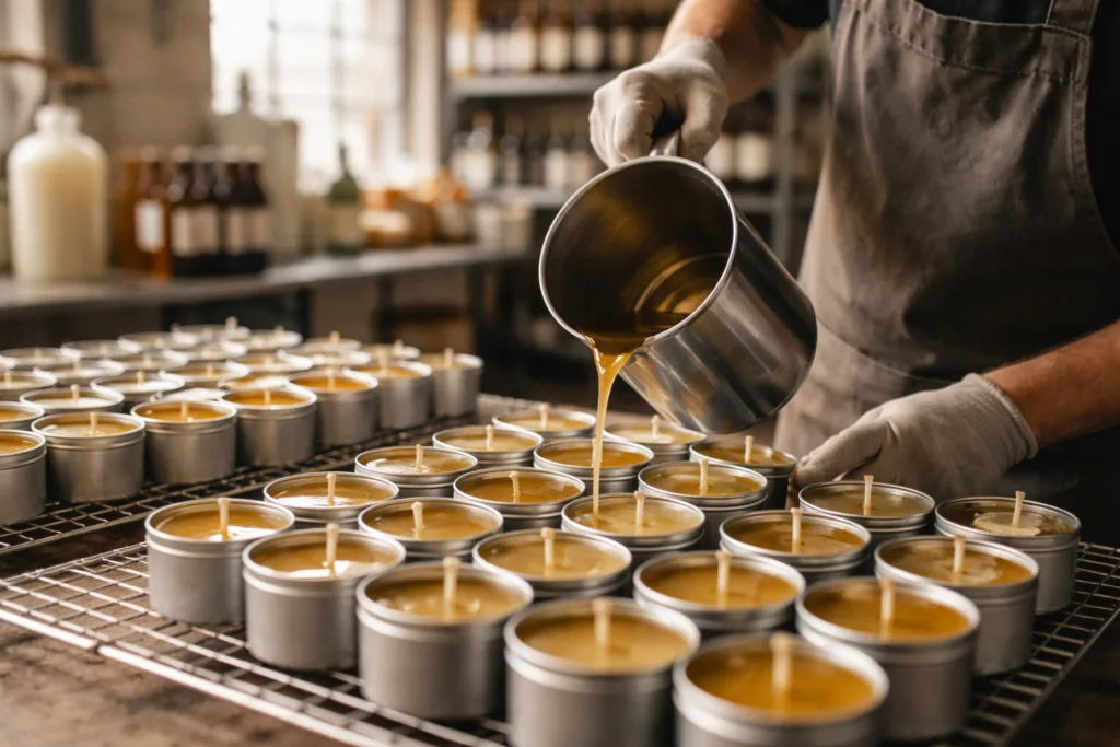 Metal Tin Candles: Affordable Custom Options for Startups 2 pouring wax tin candle productionjpg