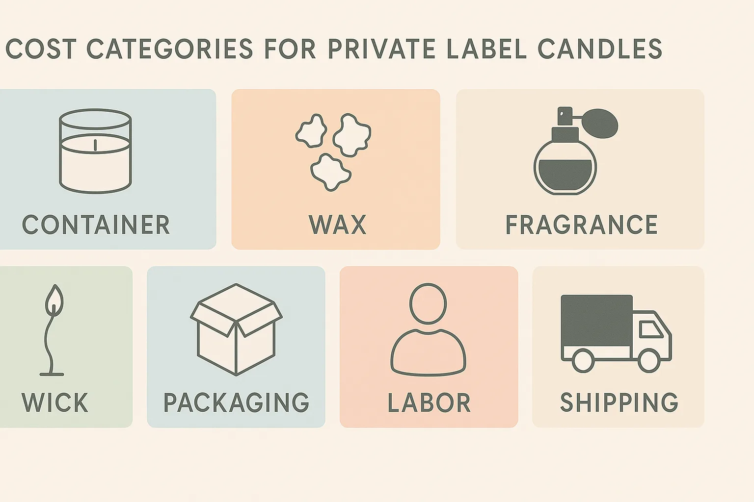 Private Label Candle Pricing: What Affects Your Wholesale Cost? 5 Infographic showing key cost factors affecting private label candle pricing.