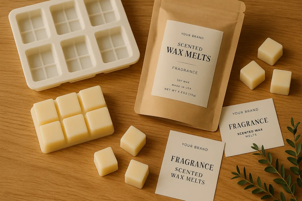 Custom Fragrance Matching for Melt Wax — How OEM Orders Are Developed 5 Finished private-label wax melts displayed with branded labels and premium packaging options.