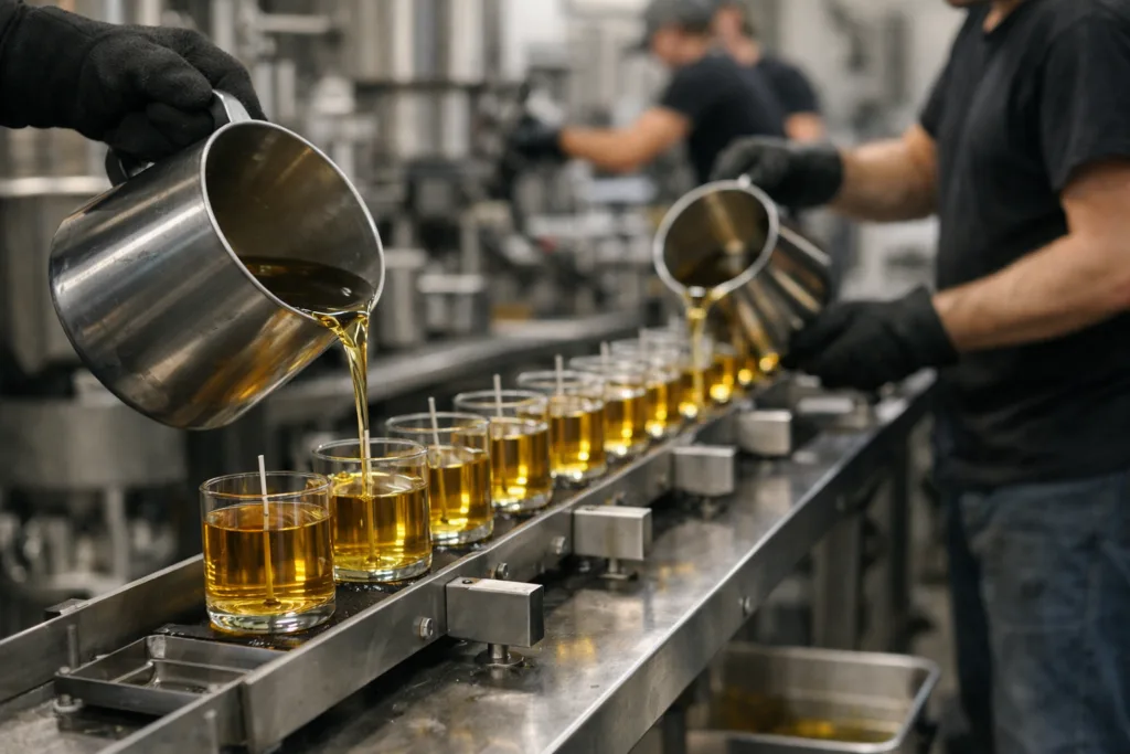 Why Candle MOQ Can’t Be Too Low: Real Production Costs You Should Know 2 production wax pouring linejpg