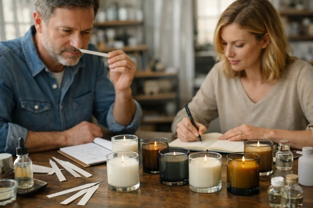 A lifestyle process shot depicting the hands-on communication and iterative evaluation between perfumer and brand during custom candle scent development.