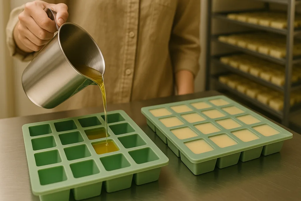 Custom Fragrance Matching for Melt Wax — How OEM Orders Are Developed 4 Small batch melt wax molds being poured and cooled inside an OEM manufacturing facility.