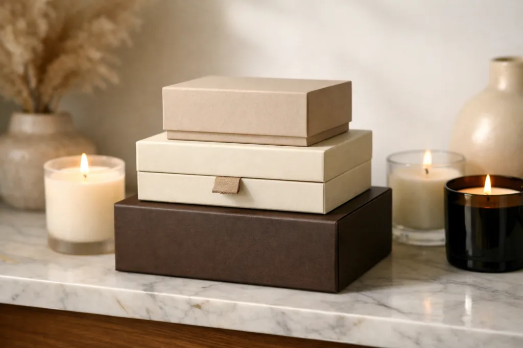 Candle Box Printing 101: Costs, MOQ & Design Choices 3 stacked designer candle boxesjpg