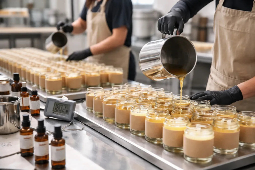 Custom Candle Manufacturing Process: From Idea to Shelf 2 wax pouring candle workflowjpg