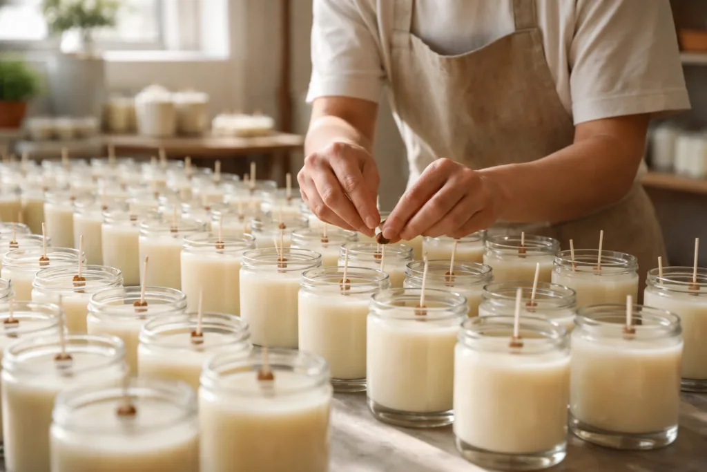 The Truth About MOQ for Private Label Candles: What Startups Must Understand 2 wick centering productionjpg