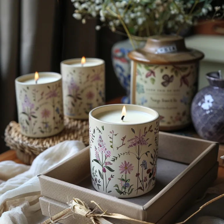 Floral ceramic candle jars with botanical patterns, presented as decorative gift candles