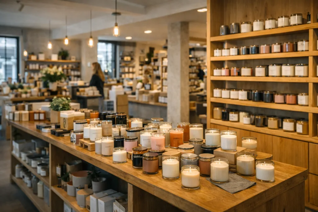 7 Reasons High-Impact Fragrance Candles Sell Faster in Retail 4 High-impact scented candles displayed in an open concept retail store