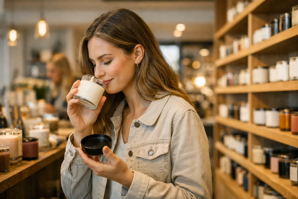 7 Reasons High-Impact Fragrance Candles Sell Faster in Retail 1 High-impact fragrance candles being tested by customers in a retail store environment