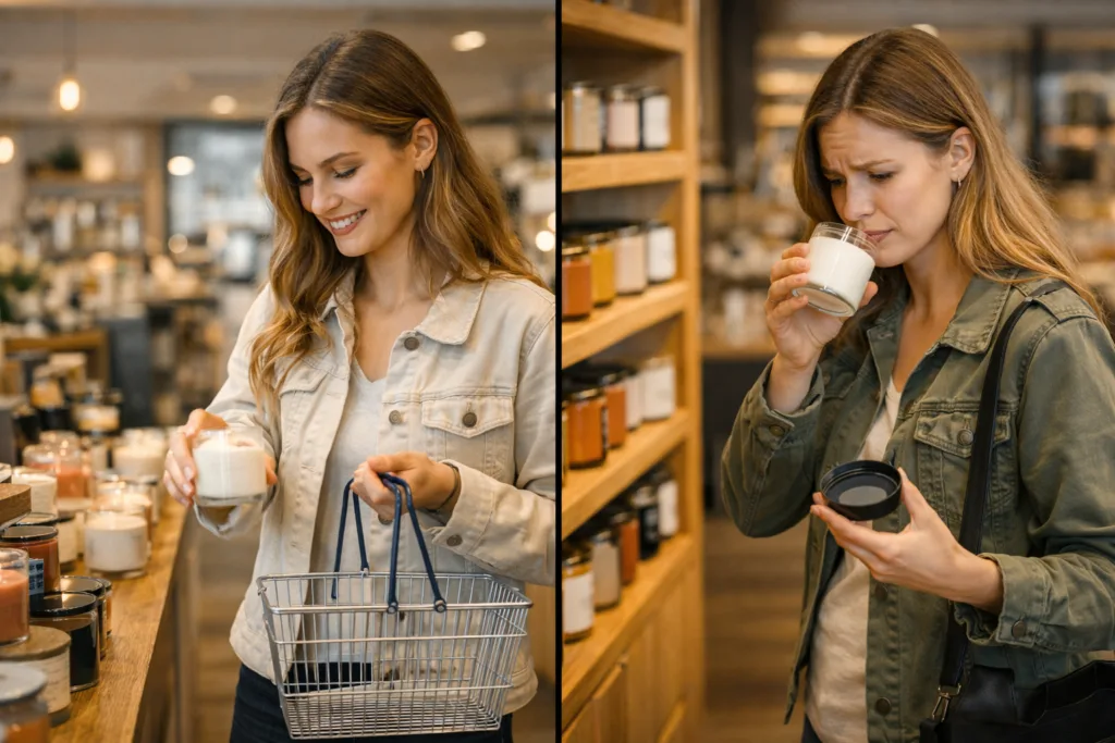 7 Reasons High-Impact Fragrance Candles Sell Faster in Retail 2 Comparison of fast and slow purchasing decisions for scented candles in retail stores