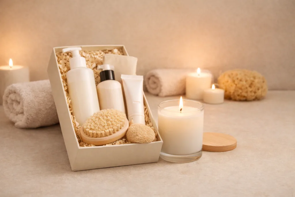 Best-Selling Candle Gift Sets for Retailers: Private Label & Custom Options 2 Scented candle gift set bundled with bath and body products for private label retail