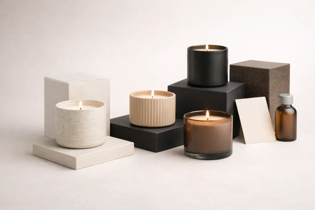 Semi-Custom Candle Production: The Smart Middle Ground for Growing Brands 4 Advanced semi-custom candles with premium vessels and packaging
