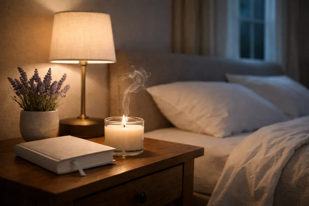Aromatherapy Candles and Sleep: What Science Actually Says (Not the Marketing) 1 Aromatherapy candle used as part of a calm evening sleep routine with soft lighting and relaxing environment