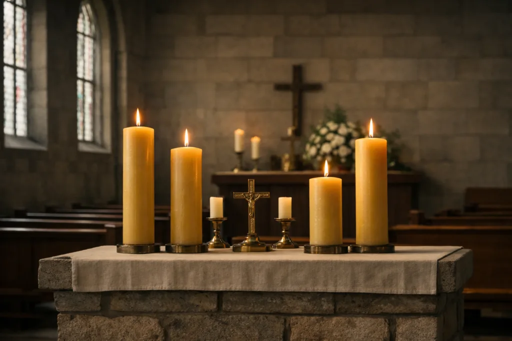 7 Reasons Churches Choose Beeswax Pillar Candles for Ceremonies 1 Natural beeswax pillar candles burning on a church altar during a quiet ceremony