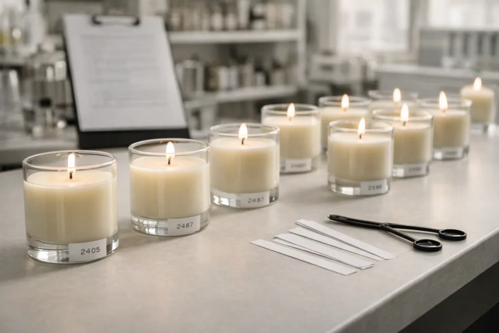 How We Develop Custom Scents for Our Bespoke Luxury Candle Brand 4 Real candle burn testing process used to evaluate bespoke candle scent performance