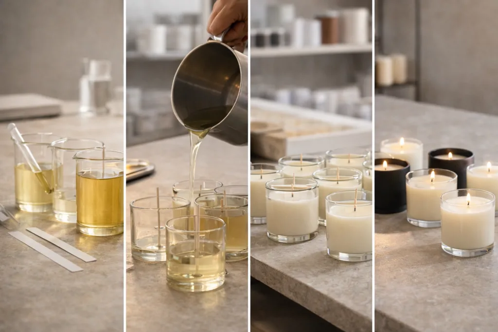What Are Bespoke Scented Candles? A Practical Guide for US Brands 2 Step-by-step bespoke scented candle development process including fragrance design, wax pouring, and quality testing