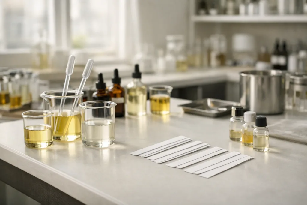 How We Develop Custom Scents for Our Bespoke Luxury Candle Brand 1 Bespoke candle scent development process using fragrance oils and laboratory tools for luxury candle brands