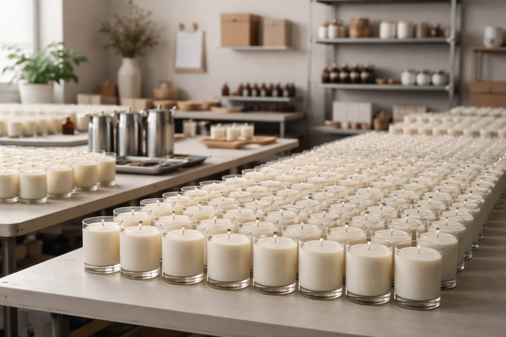 Bespoke Luxury Candle Brand: A Complete Guide for Boutique & Hotel Buyers (Top Buyer Insights) 3 Bespoke luxury candle production showing a realistic 500 to 1000 unit batch focused on quality and consistency
