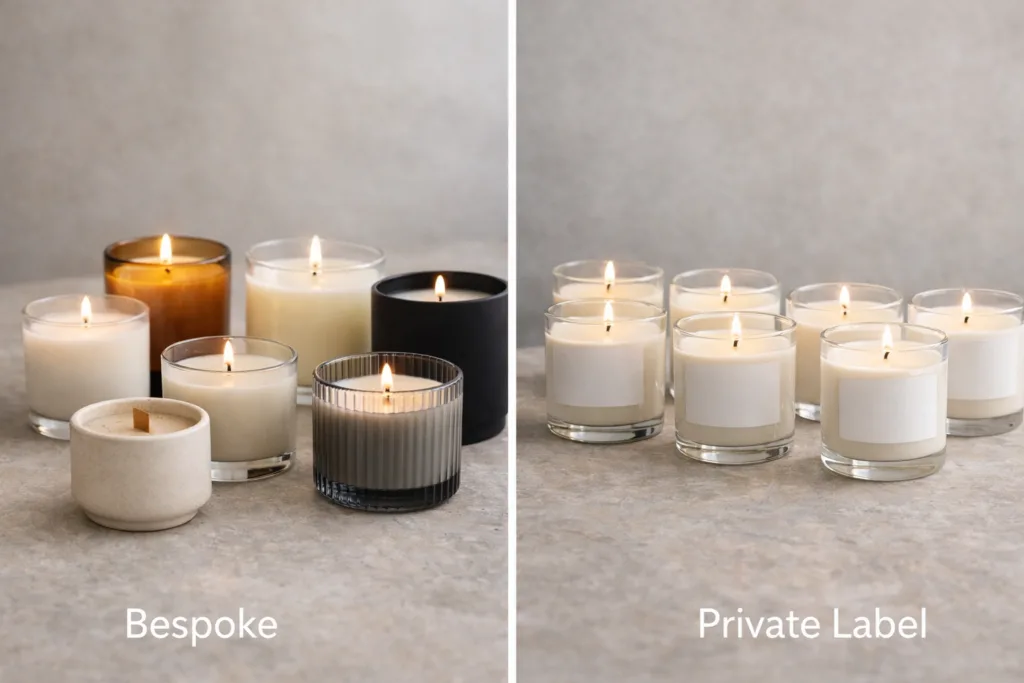What Are Bespoke Scented Candles? A Practical Guide for US Brands 4 Visual comparison between bespoke scented candles and private label candles, highlighting customization and brand uniqueness