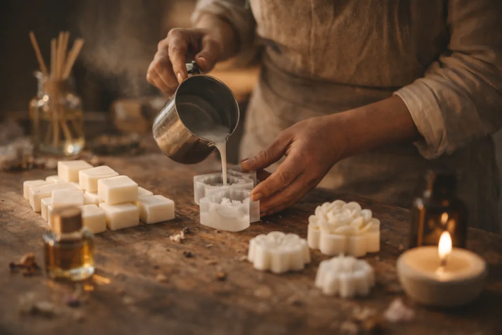 Custom vs Bespoke Wax Melts: 17 Powerful Insights Premium Buyers Must Know 2 Artisan hand-pouring bespoke wax melts using natural wax in a small batch fragrance studio