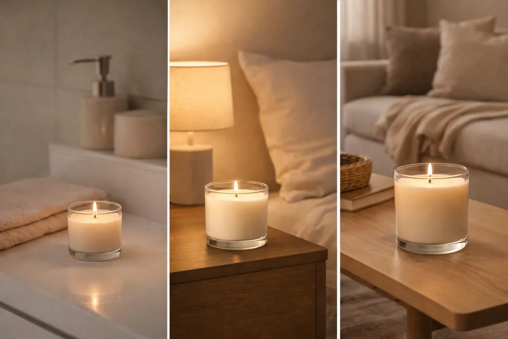 Candle Size Explained: oz vs ml vs grams (No More Confusion) 5 Candles of different sizes placed in bathroom, bedroom, and living room settings