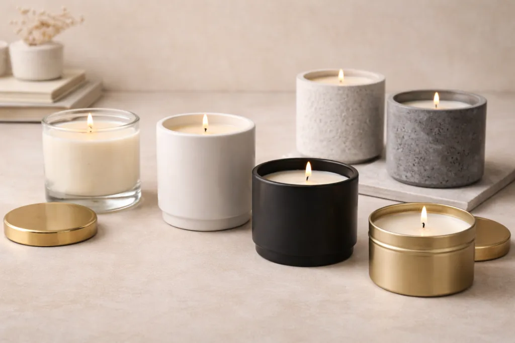 glass ceramic metal and concrete candle containers used in wholesale candle manufacturing