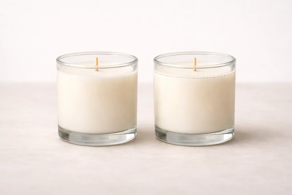 Candle Size Explained: oz vs ml vs grams (No More Confusion) 4 Two candle jars showing that the same container size can hold different amounts of wax
