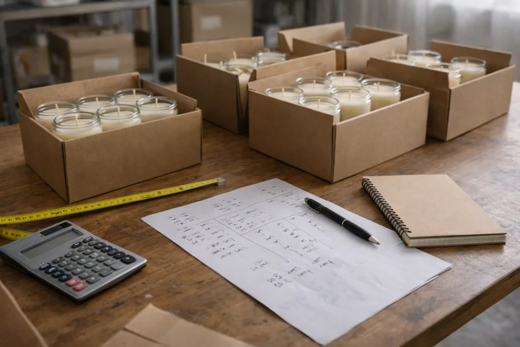 Which Candle Supplier Is Reliable? 9 Things Wholesale Buyers Must Check Before Choosing 3 A candle production planning scene with batch quantities, packaging units, and calculation notes, explaining MOQ and pricing logic in wholesale candle manufacturing.