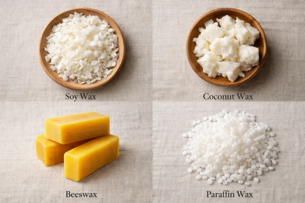 High-End Scented Candles vs Luxury Candle Brands: What’s the Difference? 2 Comparison of soy wax, coconut wax, beeswax, and paraffin used in high-end and luxury candles