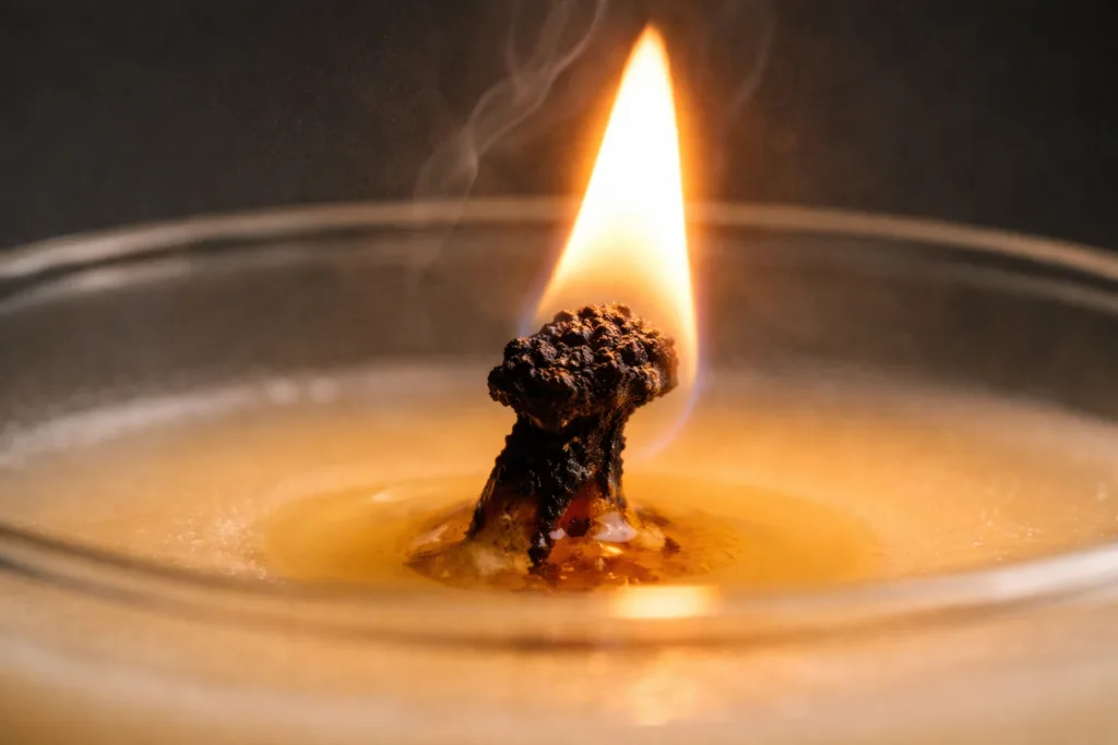 What Is the 3‑Hour Rule for Candles? 2 Close-up of candle wick carbon buildup and unstable flame caused by extended burn time beyond recommended limits