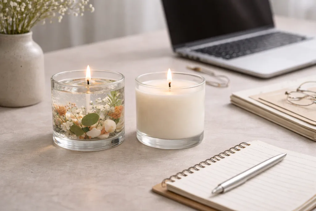 Gel vs Wax Candles: Choosing the Right Candle Type for Your Brand 5 Retail planning scene comparing gel candles and wax candles for brand decision making