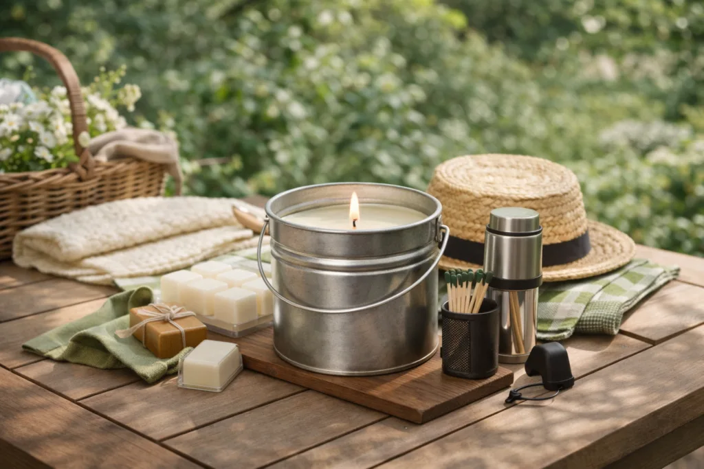 Best-Selling Candle Gift Sets for Retailers: Private Label & Custom Options 4 Citronella candle gift set bundled with outdoor lifestyle accessories for retailers