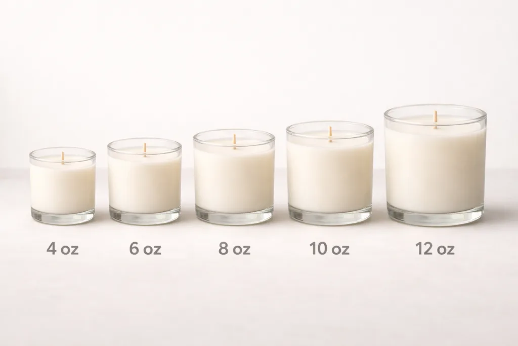 Candle Size Explained: oz vs ml vs grams (No More Confusion) 3 Different candle sizes from 4 oz to 12 oz displayed side by side to compare size and burn time
