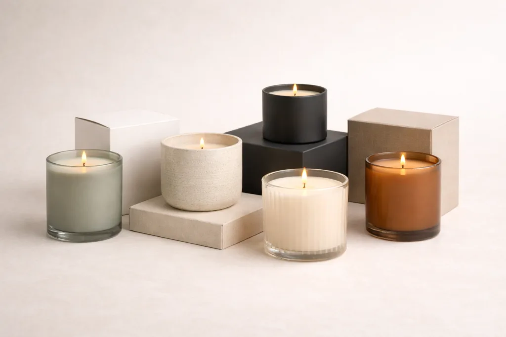 Semi-Custom Candle Production: The Smart Middle Ground for Growing Brands 3 Core semi-custom candle collection with brand-specific scent and vessel design