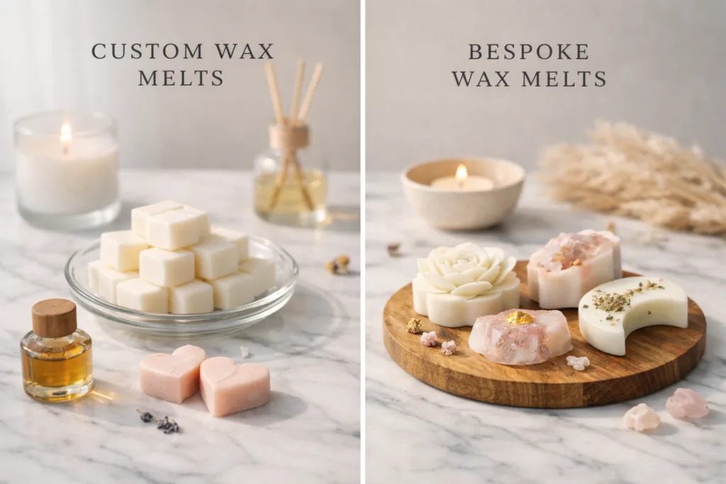 Custom vs Bespoke Wax Melts: 17 Powerful Insights Premium Buyers Must Know 3 Comparison between custom wax melts and bespoke wax melts showing differences in design, craftsmanship, and exclusivity