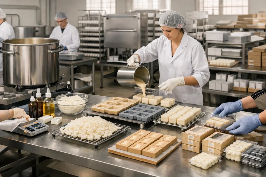 Custom Wax Melt Manufacturing Process (From Mold to Packaging): A Complete Step-by-Step Guide for Premium Scented Products 1 Custom wax melt manufacturing process from wax melting and molding to final packaging in a professional factory