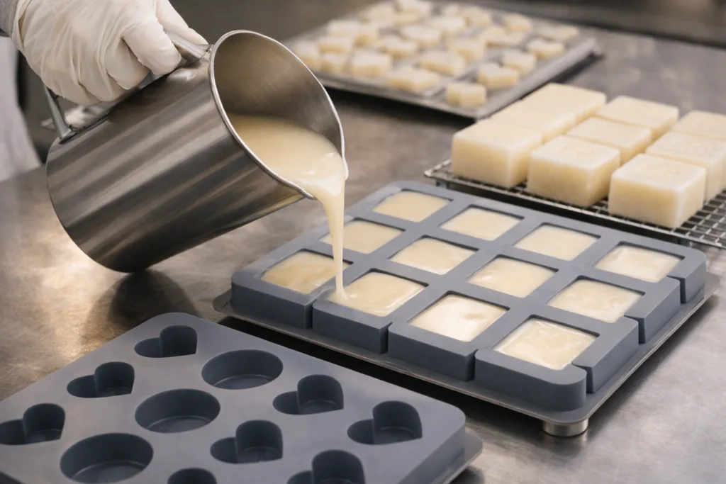 Custom Wax Melt Manufacturing Process (From Mold to Packaging): A Complete Step-by-Step Guide for Premium Scented Products 3 Hand pouring scented wax into custom silicone molds during wax melt manufacturing