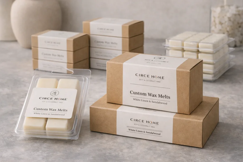 Custom Wax Melt Manufacturing Process (From Mold to Packaging): A Complete Step-by-Step Guide for Premium Scented Products 1 Eco-friendly packaging design for custom wax melts including clamshells and branded boxes