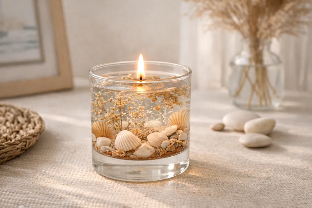 Gel or Wax Candles: 17 Expert Insights to Choose the Perfect Candle Type for Your Brand 2 Transparent gel candle with decorative shells used as a home decor centerpiece