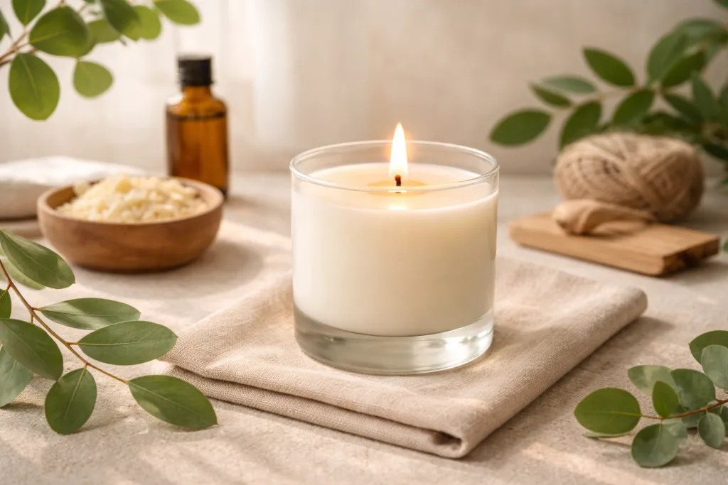 Gel or Wax Candles: 17 Expert Insights to Choose the Perfect Candle Type for Your Brand 3 Minimalist soy wax candle burning in a cozy living room,
soft candlelight, warm neutral colors, natural textures,
linen sofa, wooden table, calm and relaxing atmosphere,
luxury home fragrance brand style, cinematic lighting