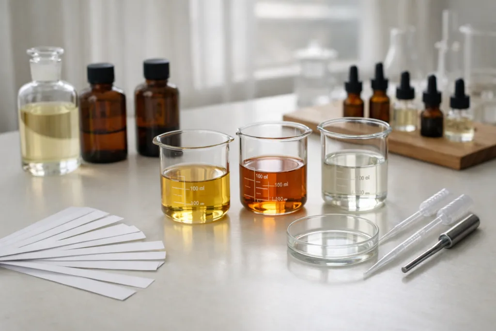 What Is Fragrance Oil? A Practical Guide for Candle Brands 1 Fragrance oil blending and testing process in a professional candle fragrance lab