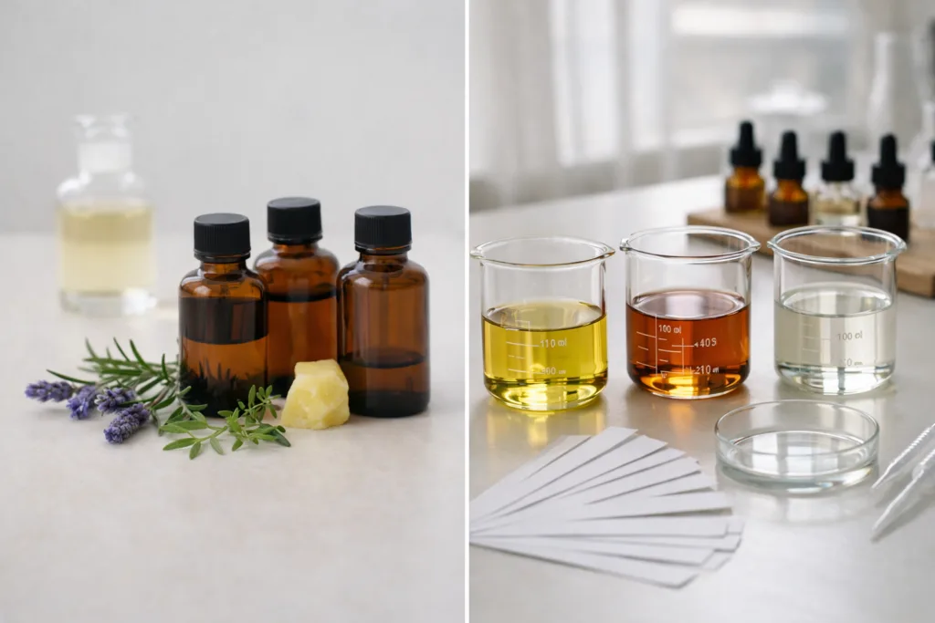 What Is Fragrance Oil? A Practical Guide for Candle Brands 2 Comparison between essential oils and fragrance oils used in professional candle making