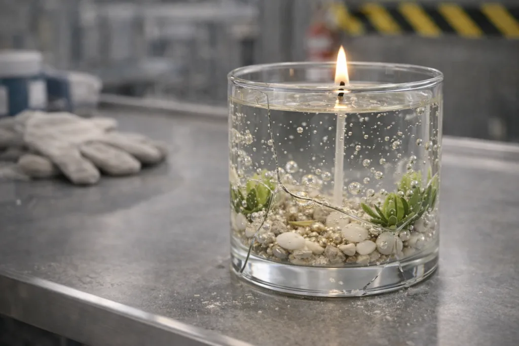 Why Gel Candles Are Difficult to Manufacture at Scale (Supplier Insight) 4 Cracked glass containers showing safety risks of gel candles manufactured at scale