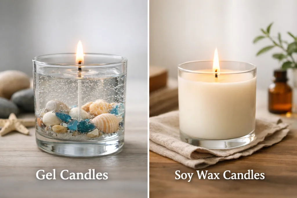 Are Gel Candles Eco-Friendly? The Truth Retail Buyers Must Know (2026 Guide) 1 Gel candle versus soy wax candle comparison showing differences in sustainability and clean burning