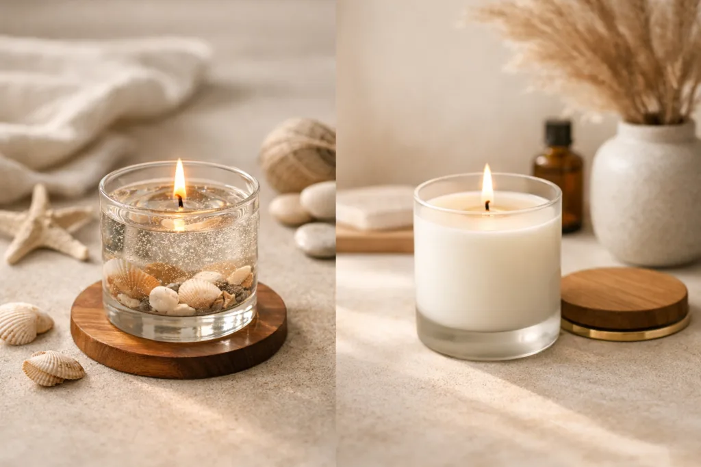 Gel candles versus wax candles showing decorative clear gel candle and natural soy wax candle in a luxury home setting