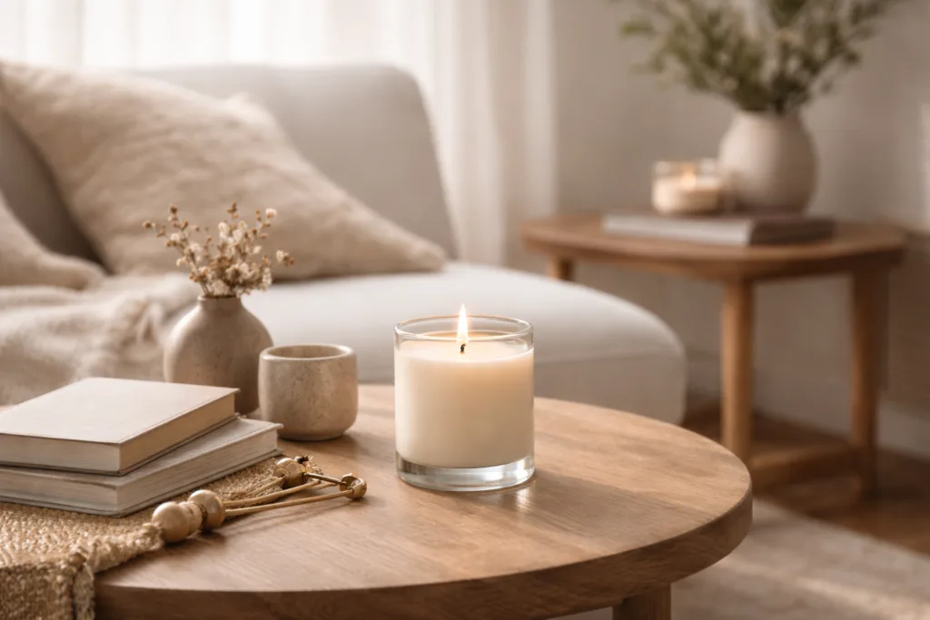 High-End Scented Candles vs Luxury Candle Brands: What’s the Difference? 3 High-end scented candle creating a warm and calming atmosphere in a modern home