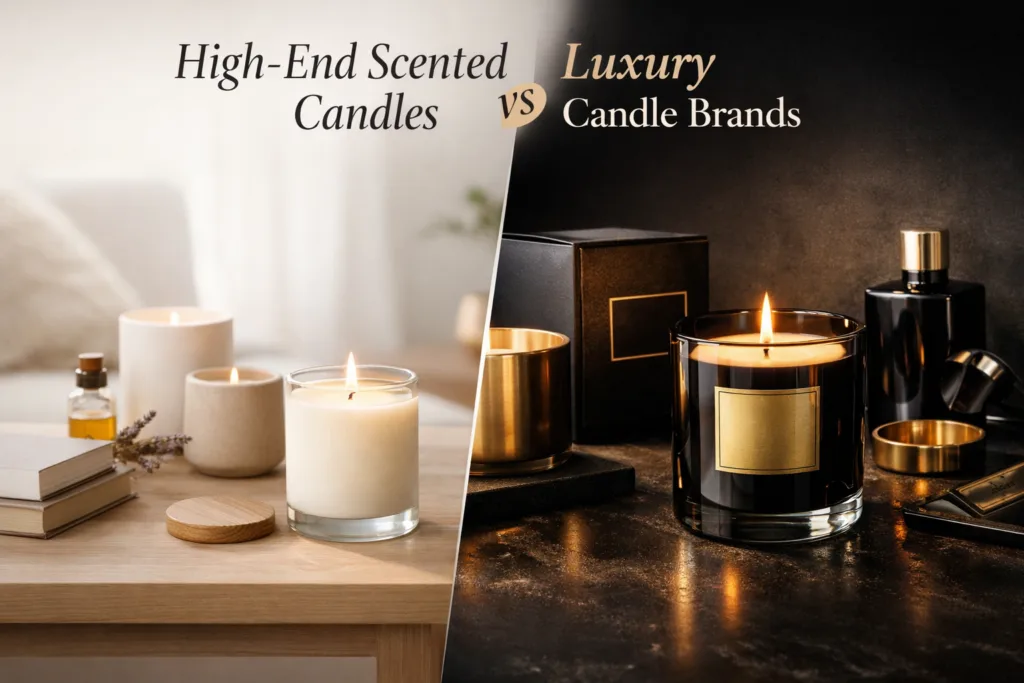 High-End Scented Candles vs Luxury Candle Brands: What’s the Difference? 1 Visual comparison between high-end scented candles and luxury candle brands in a modern home setting