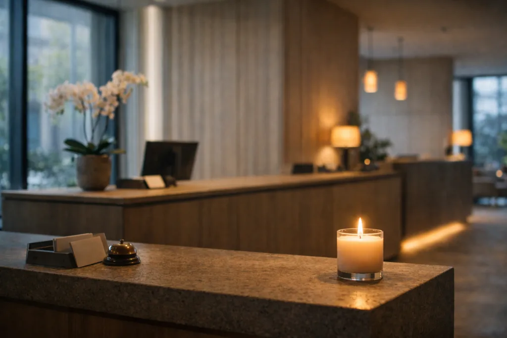 Top Candle Scents for Boutique Hotels: How Scent Creates Memory, Mood, and Meaning 2 Candle placed at a boutique hotel reception desk to enhance first impression and guest experience