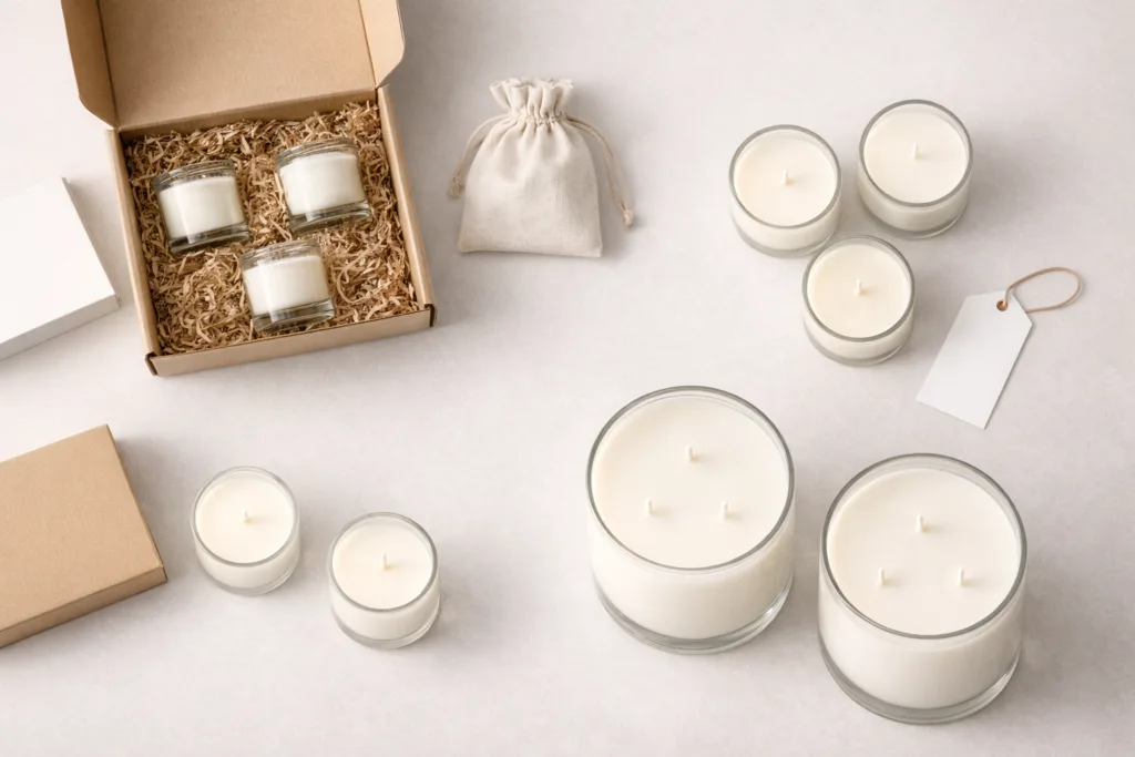 Different jar candle sizes grouped by application including subscription boxes, retail products, and hospitality use