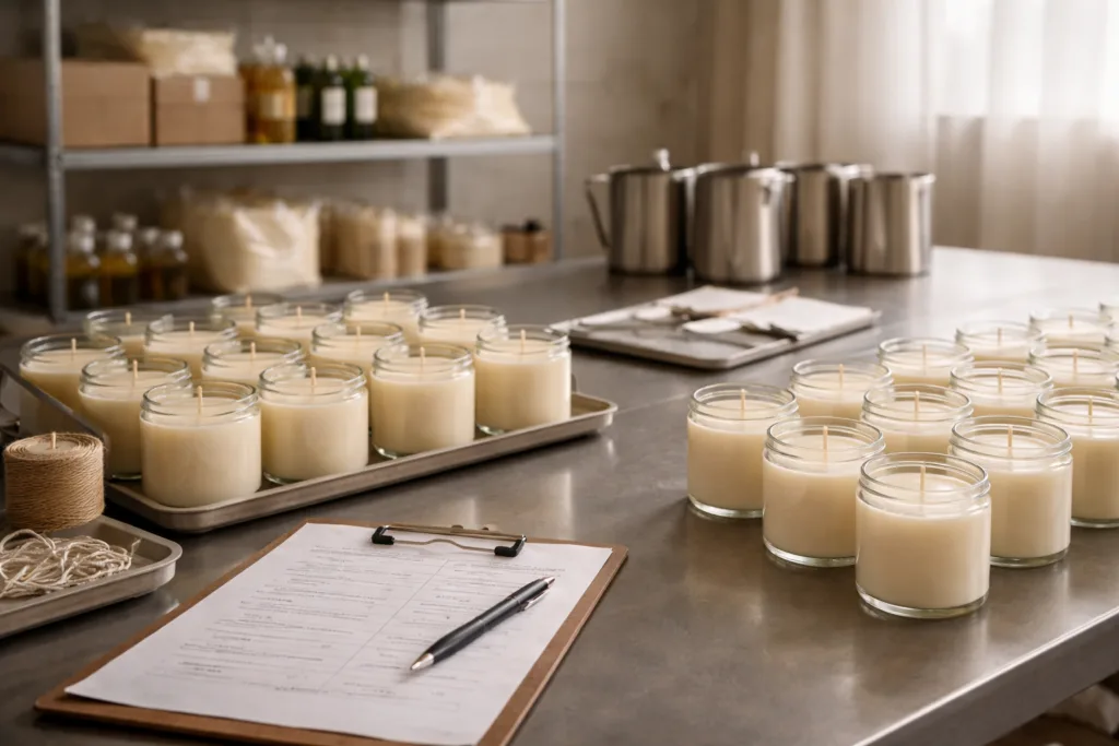 Which Candle Supplier Is Reliable? 9 Things Wholesale Buyers Must Check Before Choosing 4 A calm candle manufacturing workspace focused on repeat production and quality control, representing long-term cooperation with a reliable candle manufacturer like Circe Home.